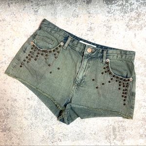 Topshop Green Moto Studded Shorts